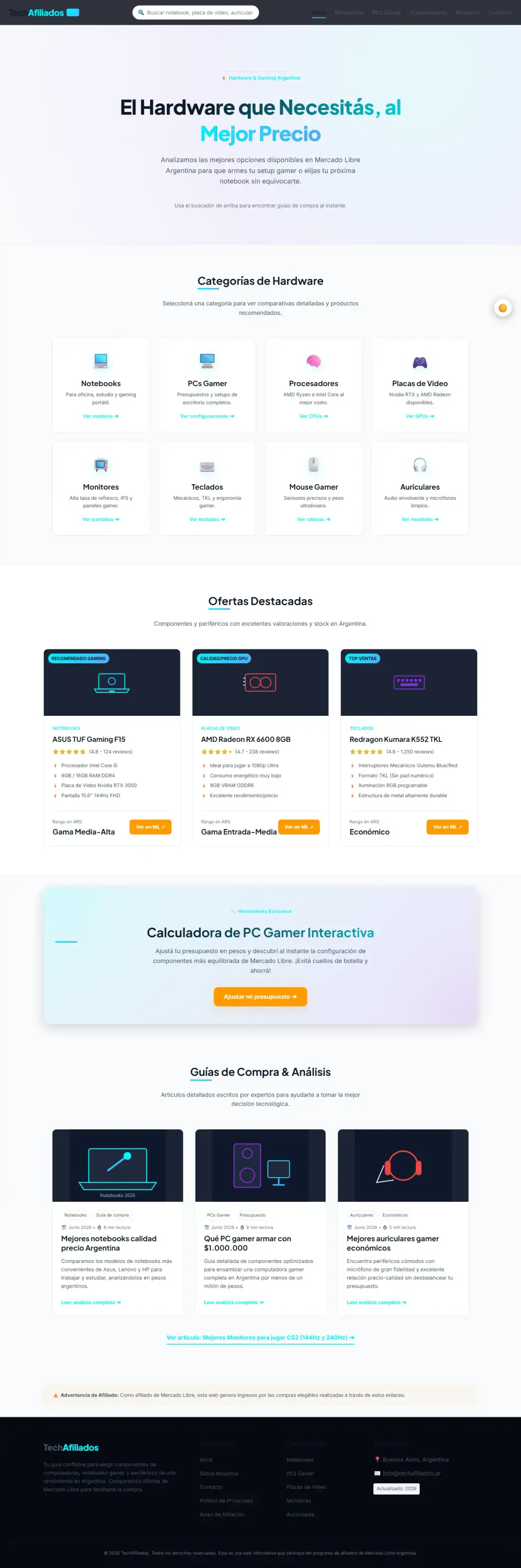 Portal de afiliados tech: artículos, comparador y calculadora de presupuesto